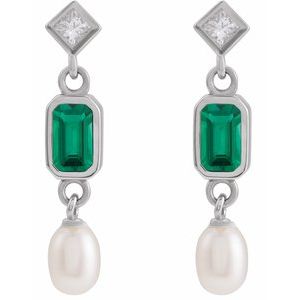 Platinum Lab-Grown Emerald, Cultured White Akoya Pearl & .05 CTW Natural Diamond Earrings – image 2