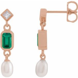 14K Rose Gold Lab-Grown Emerald, Cultured White Akoya Pearl & .05 CTW Natural Diamond Earrings