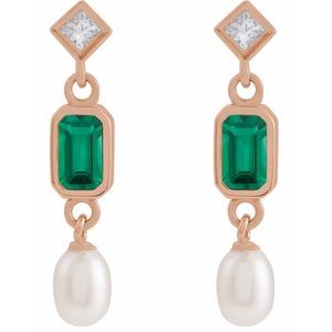 14K Rose Gold Lab-Grown Emerald, Cultured White Akoya Pearl & .05 CTW Natural Diamond Earrings