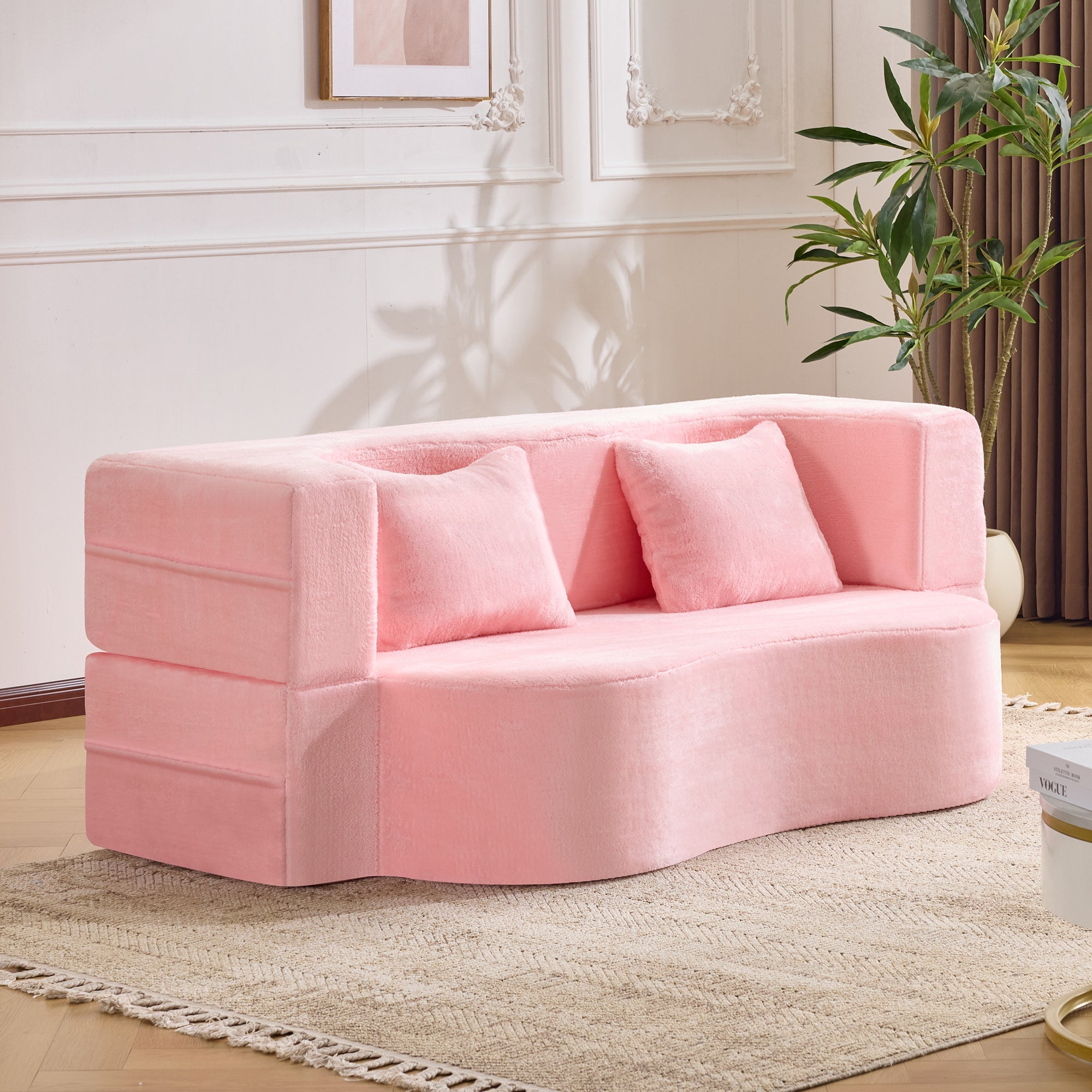 71-inch folding sofa bed, chenille futon sofa bed, high-density foam convertible sofa bed, folding floor sofa bed for living room, guest room, bedroom, pink