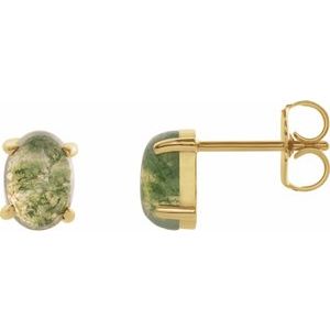 14K Yellow Gold 7x5 mm Oval Natural Moss Agate Earrings