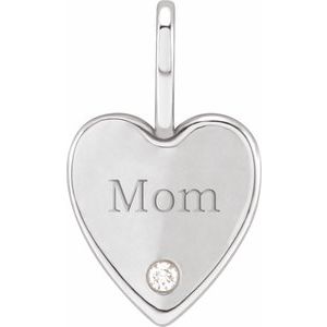 14K White Gold .02 CT Natural Diamond Engraved MOM Heart Charm/Pendant