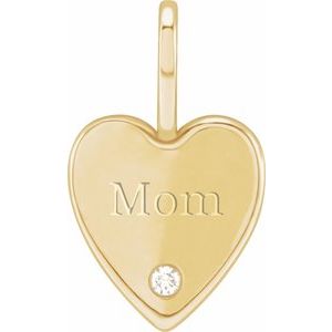 14K Yellow Gold .02 CT Natural Diamond Engraved MOM Heart Charm/Pendant