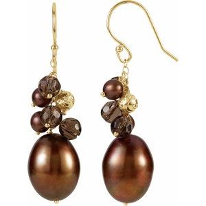 14K Yellow Gold Cultured Dyed Chocolate Freshwater Pearl & Natural Smoky Quartz Earrings