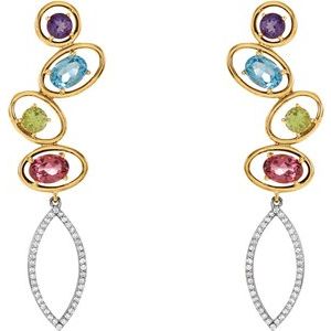 14K Yellow/White Gold Natural Pink Tourmaline, Natural Swiss Blue Topaz. Natural Amethyst & Natural Peridot and 3/8 CTW Natural Diamond Earrings
