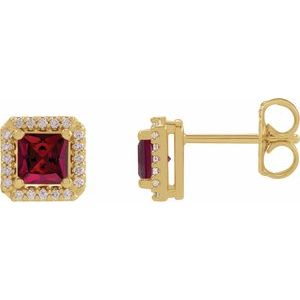 14K Yellow Gold Lab-Grown Ruby & .08 CTW Natural Diamond Halo-Style Earrings