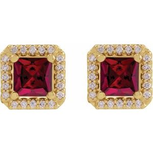 14K Yellow Gold Lab-Grown Ruby & .08 CTW Natural Diamond Halo-Style Earrings – image 2