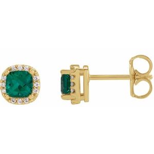 14K Yellow Gold Lab-Grown Emerald & .06 CTW Natural Diamond Halo-Style Earrings