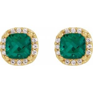 14K Yellow Gold Lab-Grown Emerald & .06 CTW Natural Diamond Halo-Style Earrings