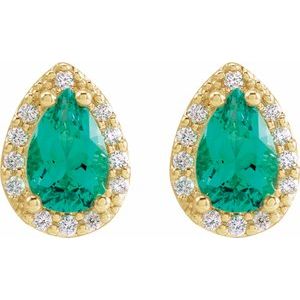 14K Yellow Gold Lab-Grown Emerald & .05 CTW Natural Diamond Halo-Style Earrings