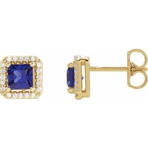 14K Yellow Gold Lab-Grown Blue Sapphire & .08 CTW Natural Diamond Halo-Style Earrings