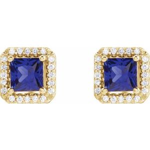 14K Yellow Gold Lab-Grown Blue Sapphire & .08 CTW Natural Diamond Halo-Style Earrings – image 2