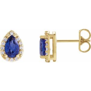 14K Yellow Gold Lab-Grown Blue Sapphire & .05 CTW Natural Diamond Halo-Style Earrings