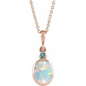 14K Rose Gold 8x6 mm Lab-Grown White Opal & Natural London Blue Topaz 16-18" Necklace