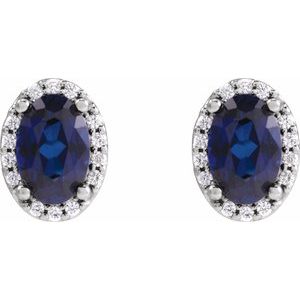 14K White Gold 5x3 mm Lab-Grown Blue Sapphire & .04 CTW Natural Diamond Halo-Style Earrings
