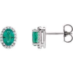 14K White Gold 5x3 mm Lab-Grown Emerald & .04 CTW Natural Diamond Halo-Style Earrings