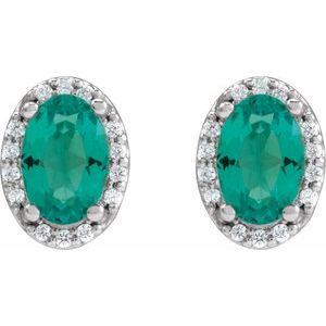 14K White Gold 5x3 mm Lab-Grown Emerald & .04 CTW Natural Diamond Halo-Style Earrings
