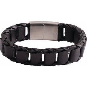 Stainless Steel 17 mm Black Leather 9" Bracelet