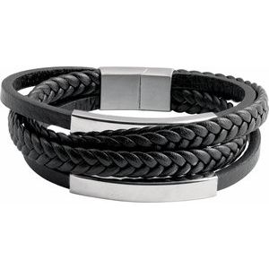 Stainless Steel 11 mm Black Leather Multi-Strand 8" Bracelet