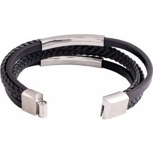 Stainless Steel 11 mm Black Leather Multi-Strand 8" Bracelet