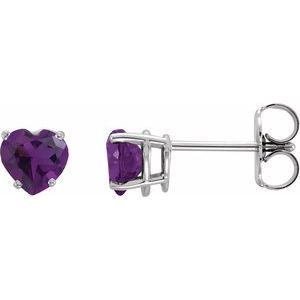 14K White Gold Natural Amethyst Heart Earrings