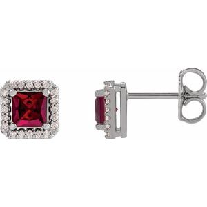 Sterling Silver Lab-Grown Ruby & .08 CTW Natural Diamond Halo-Style Earrings