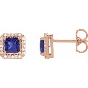 14K Rose Gold Lab-Grown Blue Sapphire & .08 CTW Natural Diamond Halo-Style Earrings