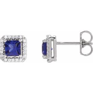 Platinum Lab-Grown Blue Sapphire & .08 CTW Natural Diamond Halo-Style Earrings