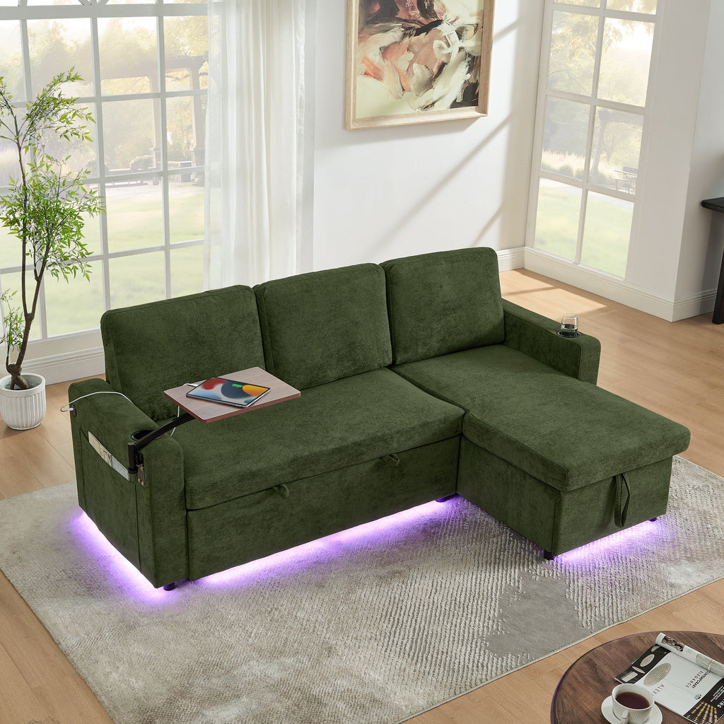 Modern Chenille Multi-functional Pull-Out Bed Sofa with Retractable Table and LED Lighting, USB Charging Ports and Cup Holders, Green
