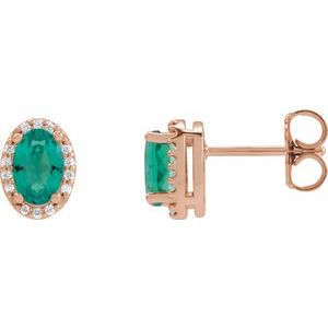 14K Rose Gold 5x3 mm Lab-Grown Emerald & .04 CTW Natural Diamond Halo-Style Earrings