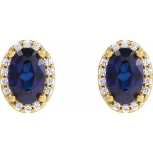14K Yellow Gold 5x3 mm Lab-Grown Blue Sapphire & .04 CTW Natural Diamond Halo-Style Earrings