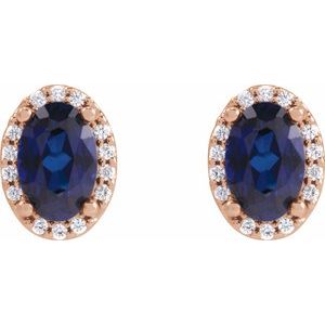 14K Rose Gold 5x3 mm Lab-Grown Blue Sapphire & .04 CTW Natural Diamond Halo-Style Earrings