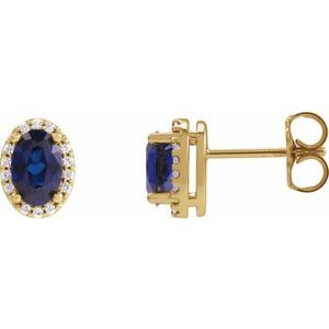 14K Yellow Gold 6x4 mm Lab-Grown Blue Sapphire & .06 CTW Natural Diamond Halo-Style Earrings