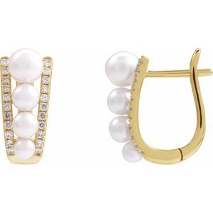 14K Yellow Gold Cultured White Freshwater Pearl & 1/4 CTW Natural Diamond Hoop Earrings