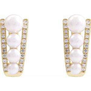 14K Yellow Gold Cultured White Freshwater Pearl & 1/4 CTW Natural Diamond Hoop Earrings