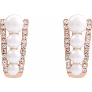 14K Rose Gold Cultured White Freshwater Pearl & 1/4 CTW Natural Diamond Hoop Earrings