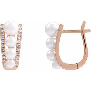 14K Rose Gold Cultured White Freshwater Pearl & 1/4 CTW Natural Diamond Hoop Earrings