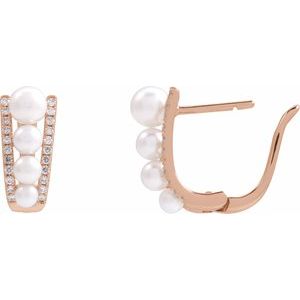 14K Rose Gold Cultured White Freshwater Pearl & 1/4 CTW Natural Diamond Hoop Earrings