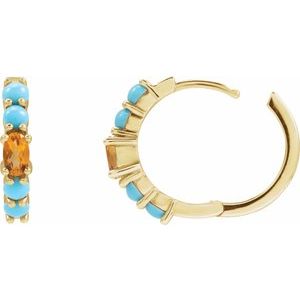14K Yellow Gold Natural Citrine & Natural Turqouise 19.6 mm Hoop Earrings – image 3