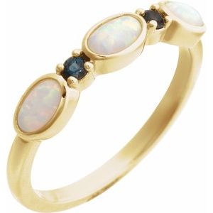 14K Yellow Gold Lab-Grown White Opal & Natural London Blue Topaz Stackable Ring