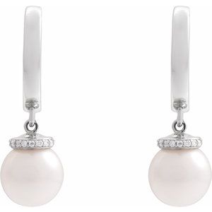 Platinum Cultured White Akoya Pearl & .07 CTW Natural Diamond Hinged 14.2 mm Hoop Earrings