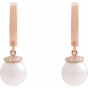 14K Rose Gold Cultured White Akoya Pearl & .07 CTW Natural Diamond Hinged 14.2 mm Hoop Earrings