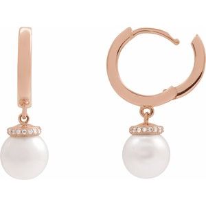 14K Rose Gold Cultured White Akoya Pearl & .07 CTW Natural Diamond Hinged 14.2 mm Hoop Earrings
