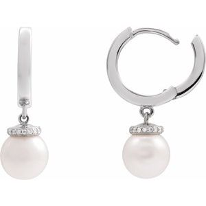 Platinum Cultured White Akoya Pearl & .07 CTW Natural Diamond Hinged 14.2 mm Hoop Earrings