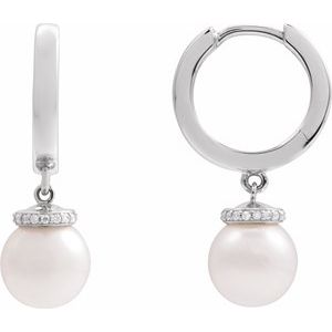 14K White Gold Cultured White Akoya Pearl & .07 CTW Natural Diamond Hinged 14.2 mm Hoop Earrings