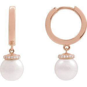 14K Rose Gold Cultured White Akoya Pearl & .07 CTW Natural Diamond Hinged 14.2 mm Hoop Earrings