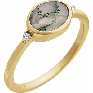 14K Yellow Gold Natural Moss Agate & .03 CTW Natural Diamond Ring