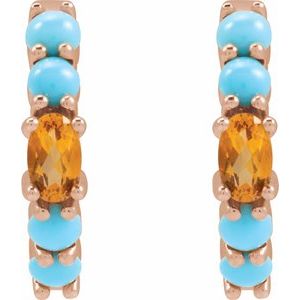 14K Rose Gold Natural Citrine & Natural Turqouise 19.6 mm Hoop Earrings – image 2