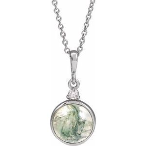14K White 8 mm Natural Moss Agate & .03 CTW Natural Diamond 16-18" Necklace