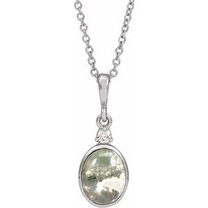 14K White 8x6 mm Natural Moss Agate & .03 CTW Natural Diamond 16-18" Necklace